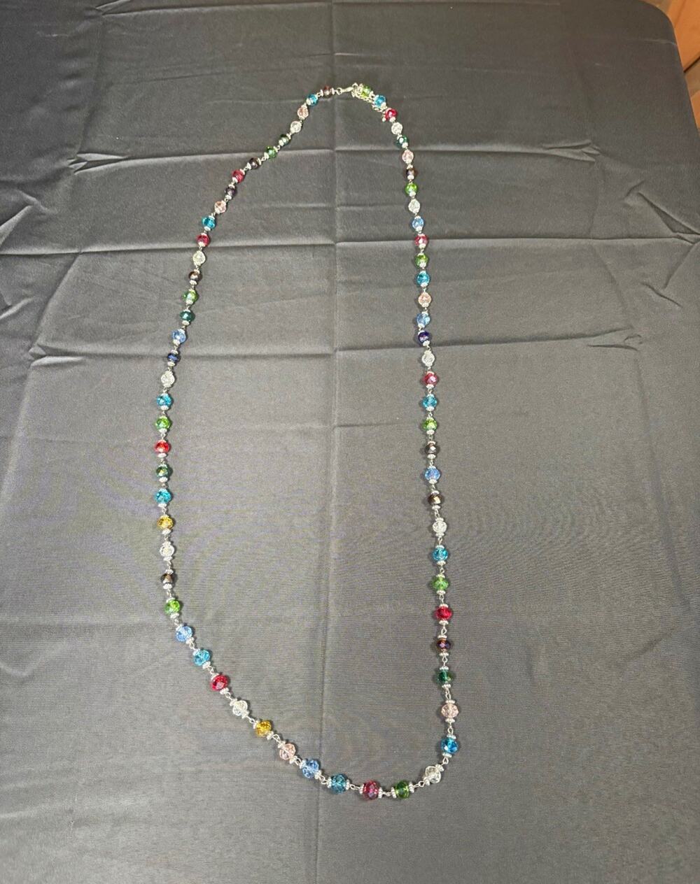 Long Multicolor Faceted Glass Crystal Beaded Necklace Silver Tone 54” Adjustable